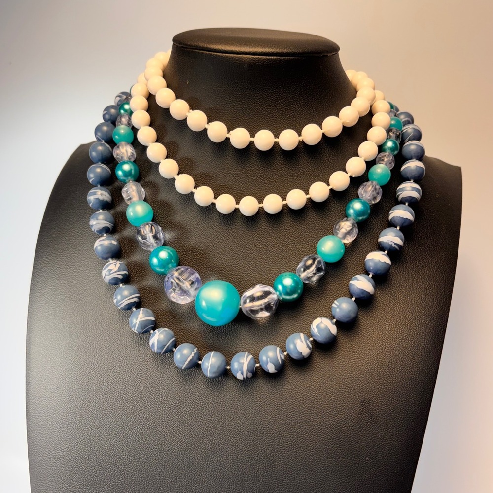 Vintage Costume Jewelry Necklace Lot Blue White Teal Acrylic Bead Boho